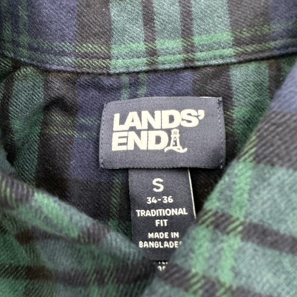 Lands End Flannel Shirt Men's Size Small Traditional Fit Green Blue Plaid Button - Picture 2 of 8